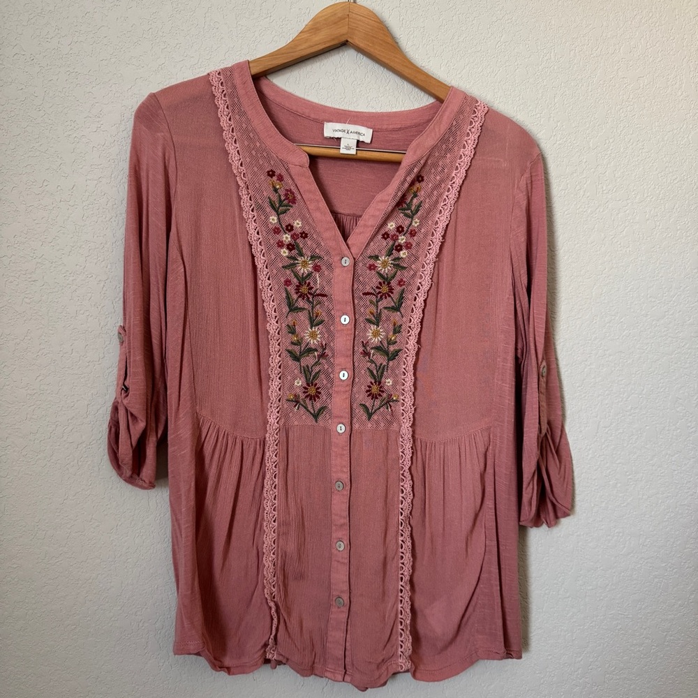 Vintage America Dusty Rose Embroidered Blouse
